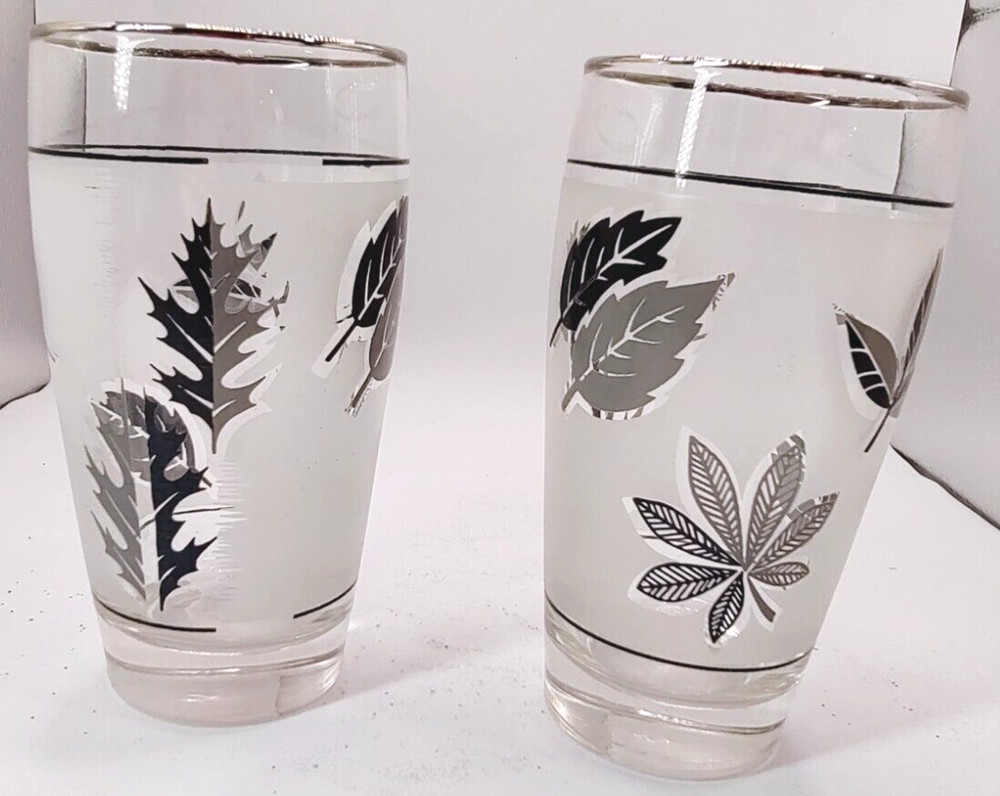 Libbey Silver Leaf Flat Tumblers Glasses 12 oz Lot of 2 MCM Frosted Foliage