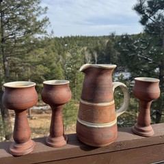VTG 70s Studio Pottery Wine Pitcher Goblets Wood Caddy Set 5pc Grape Brutalist