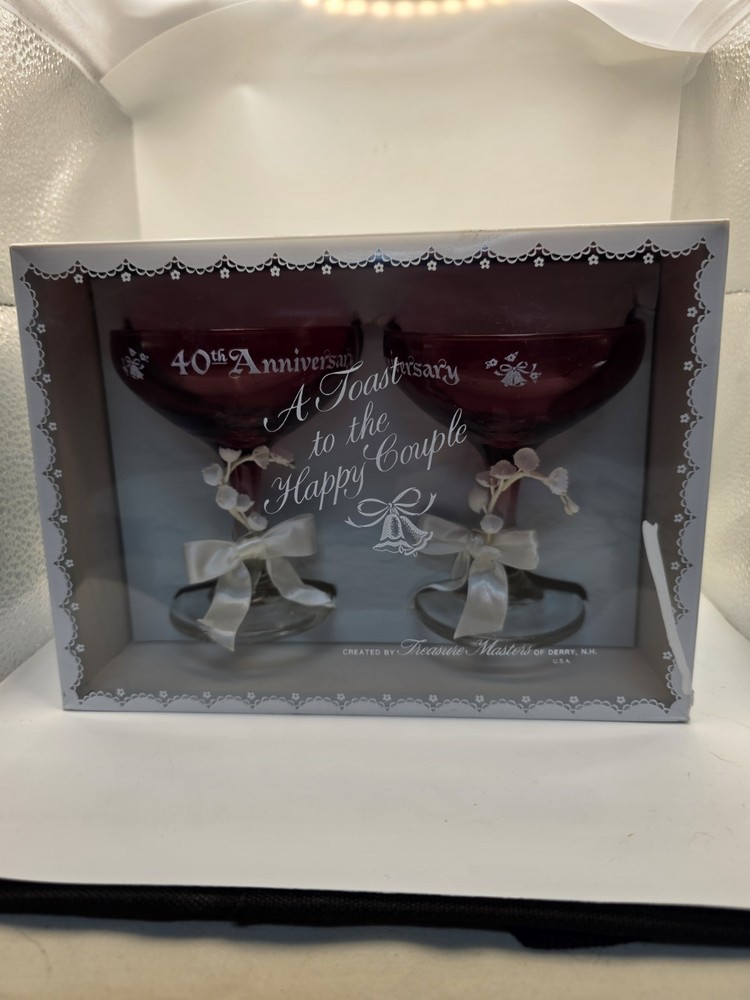 40th Wedding Anniversary Champagne Glasses Pair Vintage Cranberry Glass In Box