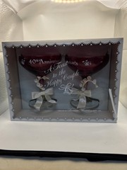 40th Wedding Anniversary Champagne Glasses Pair Vintage Cranberry Glass In Box