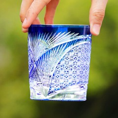Edo Kiriko Hand Cut Whiskey Glasses 9oz Red Blue Set Of 2 Pieces Wedding Gift