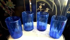 Vintage MCM Cobalt Azure Blue Handblown Glass Highball Barware Set Rough Pontil