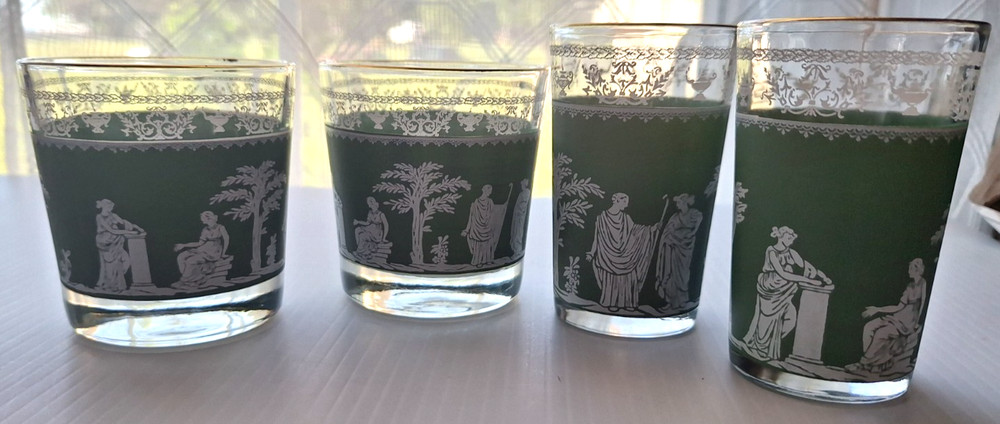 4 Vintage Jeanette Wedgwood Jasperware Grn Greek Hellinic Glasses juice whiskey