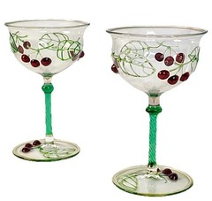 Bohemian Lampwork Wine Glasses Delicate Twist Stem Hand Blown Cherry Antique 2pc