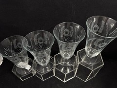 Crystal Footed Juice Glasses 5.5” Tall Cut Daisies Leaves And Fans (4) UNK19244