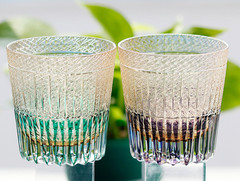 2PCS Hand Blown Japan Edo Kiriko Cased Glasses Barware Sets 11oz Green/Purple
