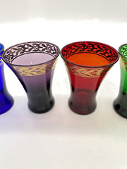Bohemian Shot Glass Set Of 4 Cordial Glasses Jewel Tones, Accent Gold Border 3″H