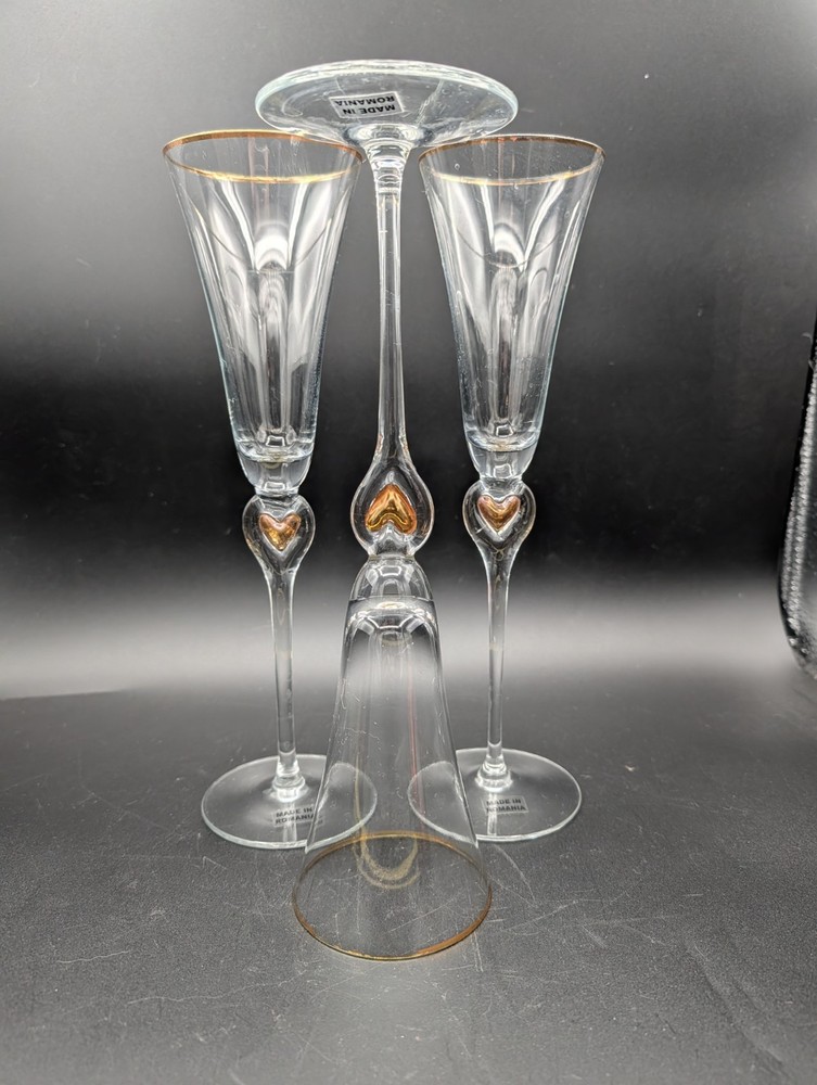 Set Of 3 Abbott Collection Gold Heart Stem Clear Crystal Champagne Flutes 11”