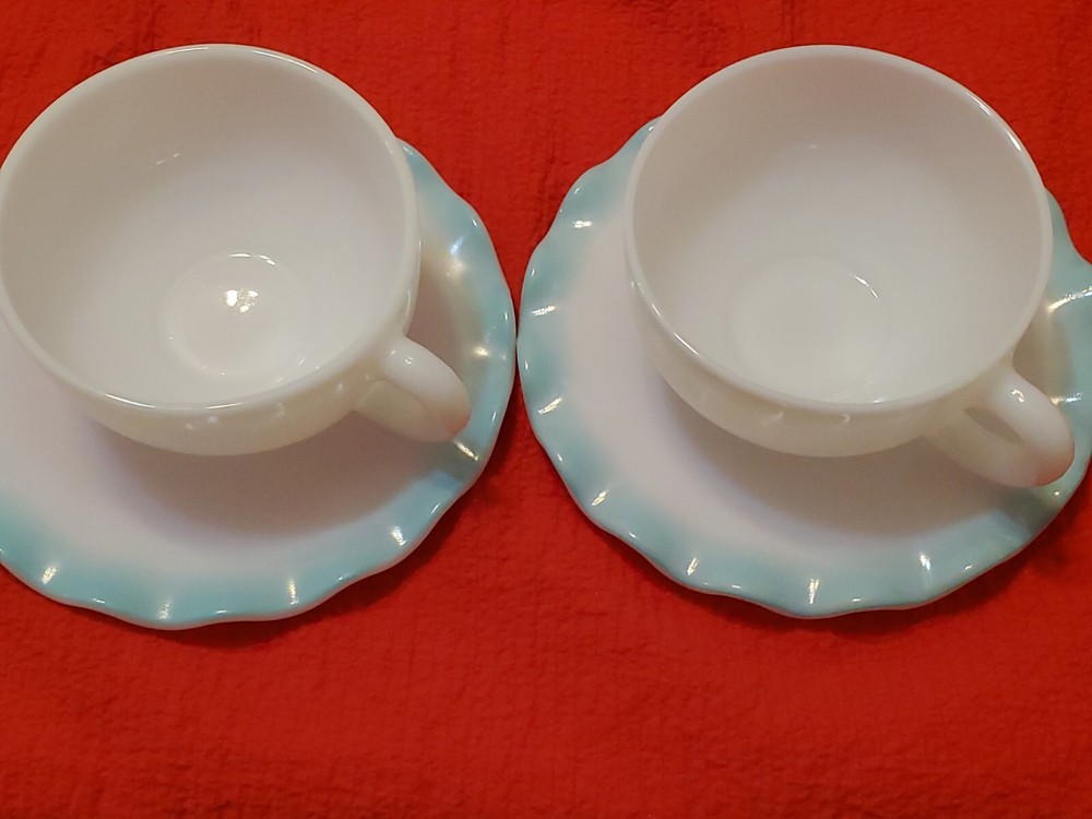 Vintage 1950 Hazel Atlas White Cup & Pastel Blue Ruffle  Edge Saucer set of 2