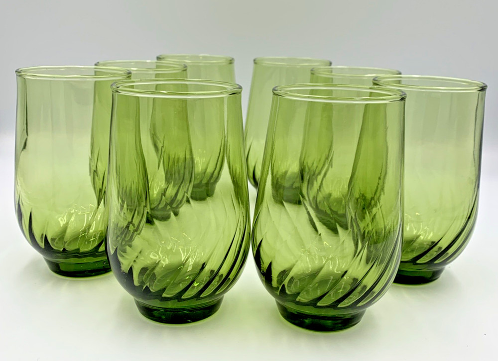 Set Of 8 Anchor Hocking Regal Green (Avocado) Vintage Glass Optic Swirl Tumblers