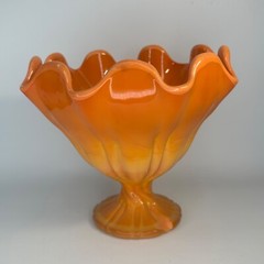 Vintage Art Deco Orange Glass Fruit Bowl Ruffled Centerpiece Footed, 7″