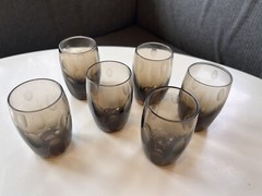 Set Of 6 Midcentury Smoke/Topaz Etched Dot Glasses, Juice/Shot/Cocktail Size