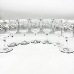 Hawkes Water Goblets Set 7 Crystal Clear Etched Fern Berry Intaglio Stemware