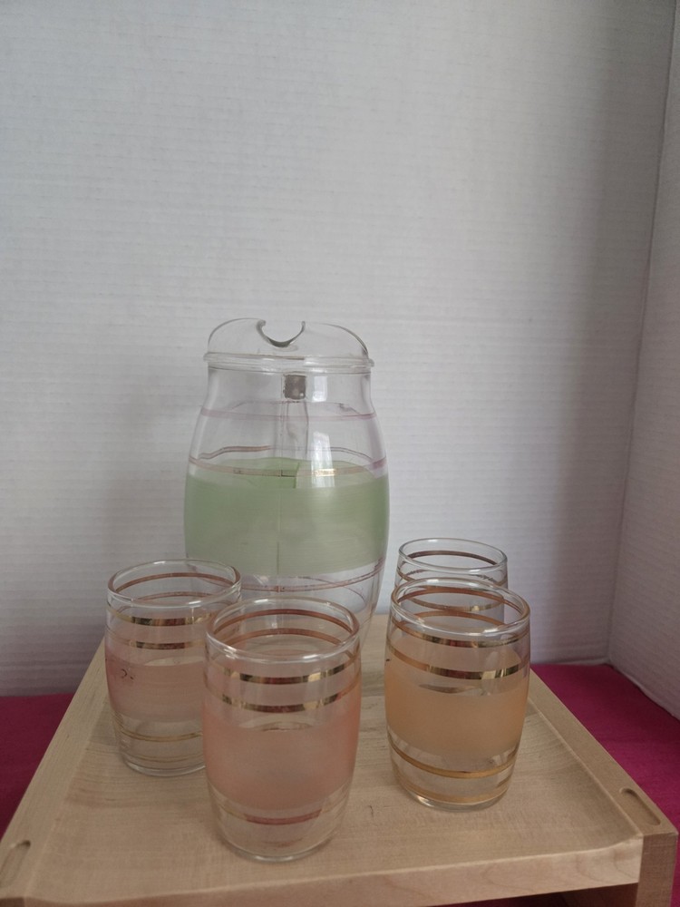 Vtg Mid-century Modern Frosted Pastel Beverage Piture With 4 Frosted Multi…