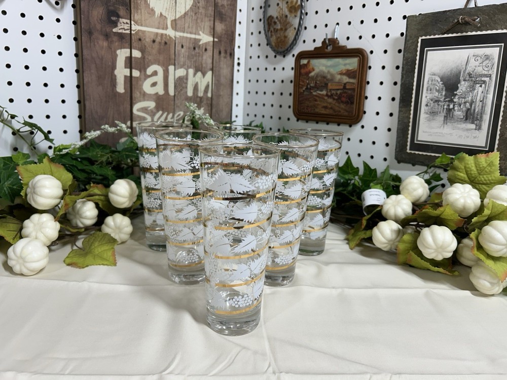 6- Mid-Century Modern Libbey glasses with a white frosted and gold grape leaf