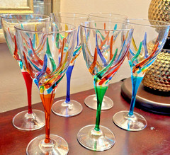 MURANO Wine Glasses Rainbow Swirl Pattern 8-1/8” Tall, Set of 6 CC ZECC 10 oz ea