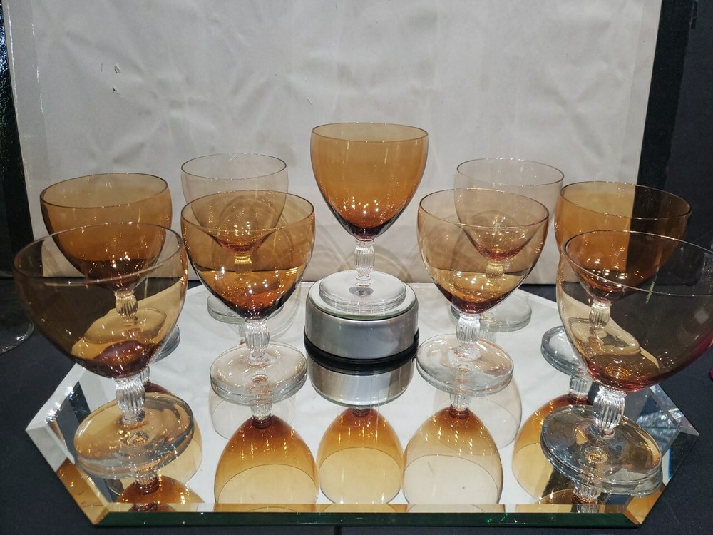 (9) Water Goblets glasses 5-1/4″, Bryce co crystal & amber Delhi stem 946 rare