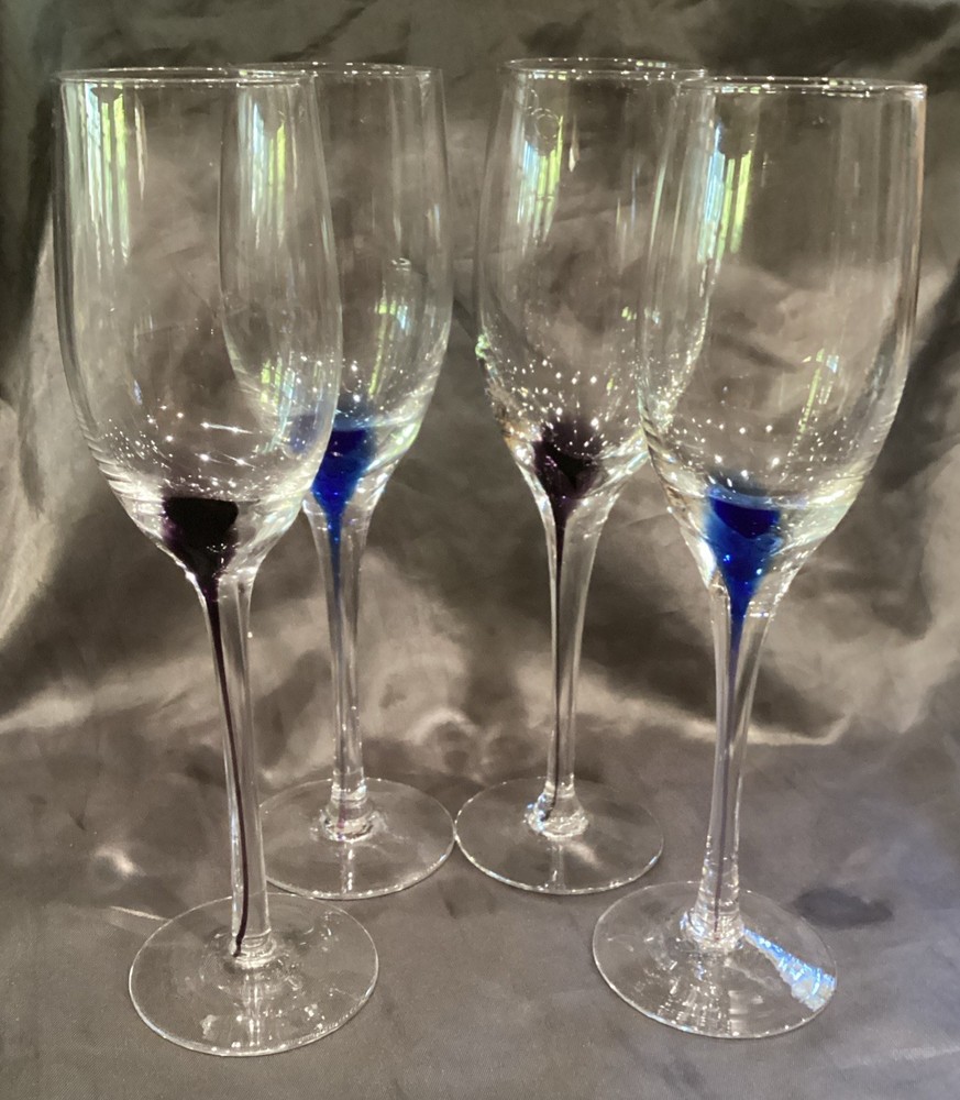 4 PIER 1 CHAMPAGNE FLUTES TEAR DROP DESIGN 2 AMETHYST 2 BLUE LOOK UNUSED 9”T