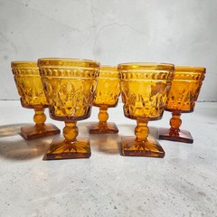 Set of 5 Indiana Colony Glass PARK LANE Amber Square Foot 5.5″ Water Goblets