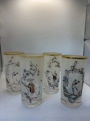 4 Rare Vintage Mid Century Federal Glass Asian Frosted Tumblers