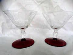 Unknown Maker Wheel Cut Rose Low Sherbet w/ Red Foot (UNK424) Excel Used Cond.