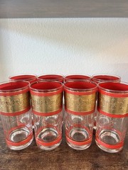 Vintage Signed Culver Set of 8 Highball Glasses Red 22K Gold Fleur De Lis MCM