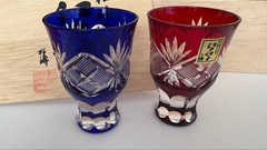 Edo Kiriko Sake Cup Pair Set with Wooden Box Used Red and Blue Glass