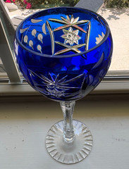 Czech Bohemian Crystal Cobalt Blue Cut To Clear Stem Stemware Wine Glasse 8 1/8″