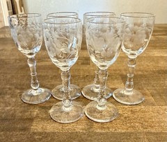 Vintage Set 6 Etched Cordial Wine Glasses Grapes/Vines Tiffin Style 30s-40s