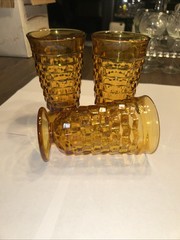 6 Vtg Indiana Whitehall Colony Cubist Amber Glass Footed Iced Tea Glass