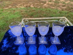 Westmoreland English Hobnail Set 4 Water Goblets 8 oz 6.25″ Tall Square Base WOW