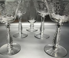 FOSTORIA * HEATHER ETCH STEMS* HIGH SHERBS X 4, ICED T X1 * 5 for ONE MONEY!