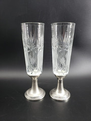 Antique Weighted 800 Silver Bottom Cut Crystal Fluted Glasses set of 2