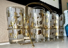 Lotus “Bon Appetite” Set Of 8 Glasses W/Carrier Fish Lobster MCM Vintage NOS