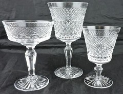 VINTAGE CUT GLASS OR CRYSTAL WINE,WATER,CHAMPAGNE SET 3 QUILTED/DIAMOND PATTERN