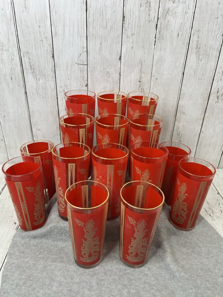 Lot 14 Vintage Mid Century Culver Red & Gold Siam Thai Goddess Drinking Glasses