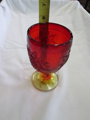 Vintage Pressed Glass Footed Goblet ~ Red Yellow Ombre with Grape Motif