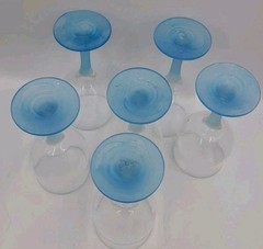 Set of 6 Vintage Frosted Blue Stem Wine Glasses Barware 6.5″