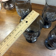 Vintage Pfaltzgraff Dusty Blue Etched Wine Glass Folk Art Bird Pattern Set Of 5