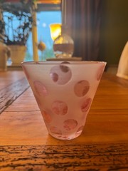 E&M Glass Doodle Tumbler Pink Spot Frosted Art Glass Burke Wales Signed