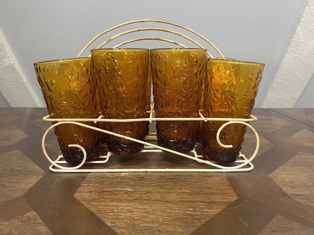 VTG MCM Amber Textured Glasses Tumblers 12 oz set of 8 w/ Caddy RARE FIND