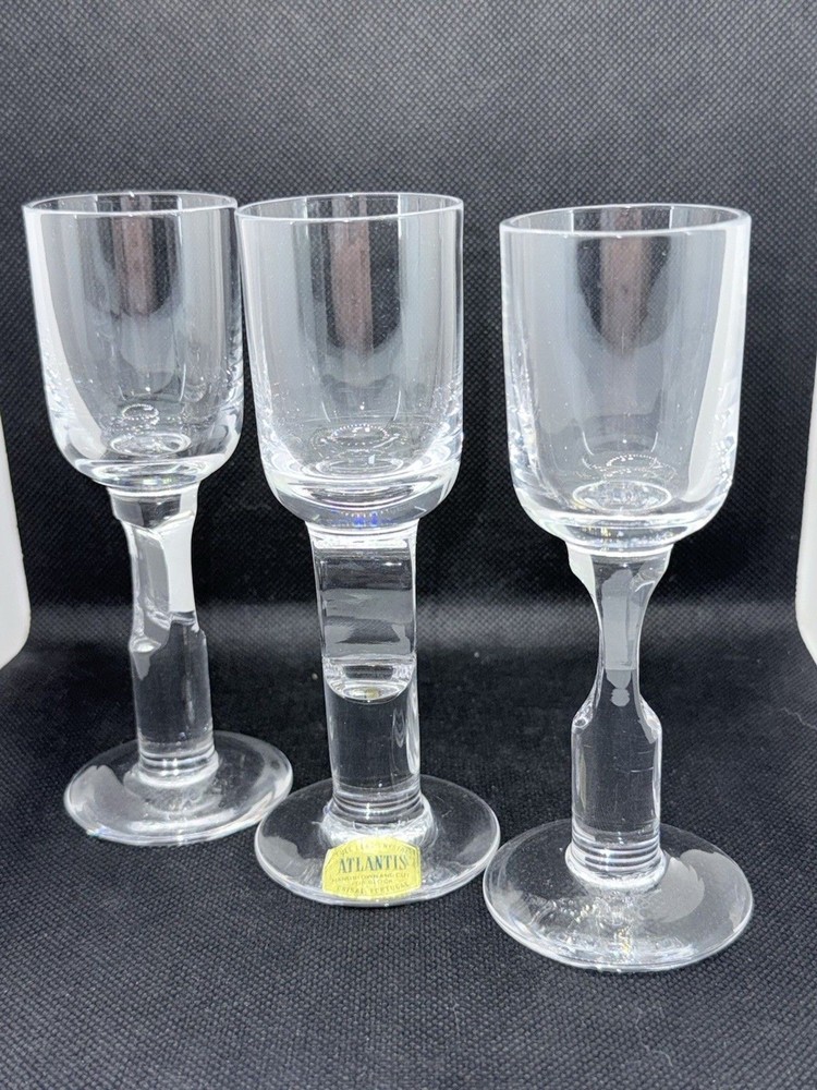 Vtg MCM Atlantis Full Lead Crystal Column Cordial Hand Blown Portugal Set of 3