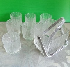 Hoya Japan Glacier Ice Frostfire Glass Ice Bucket and 6 Rock Glasses 8oz MCM