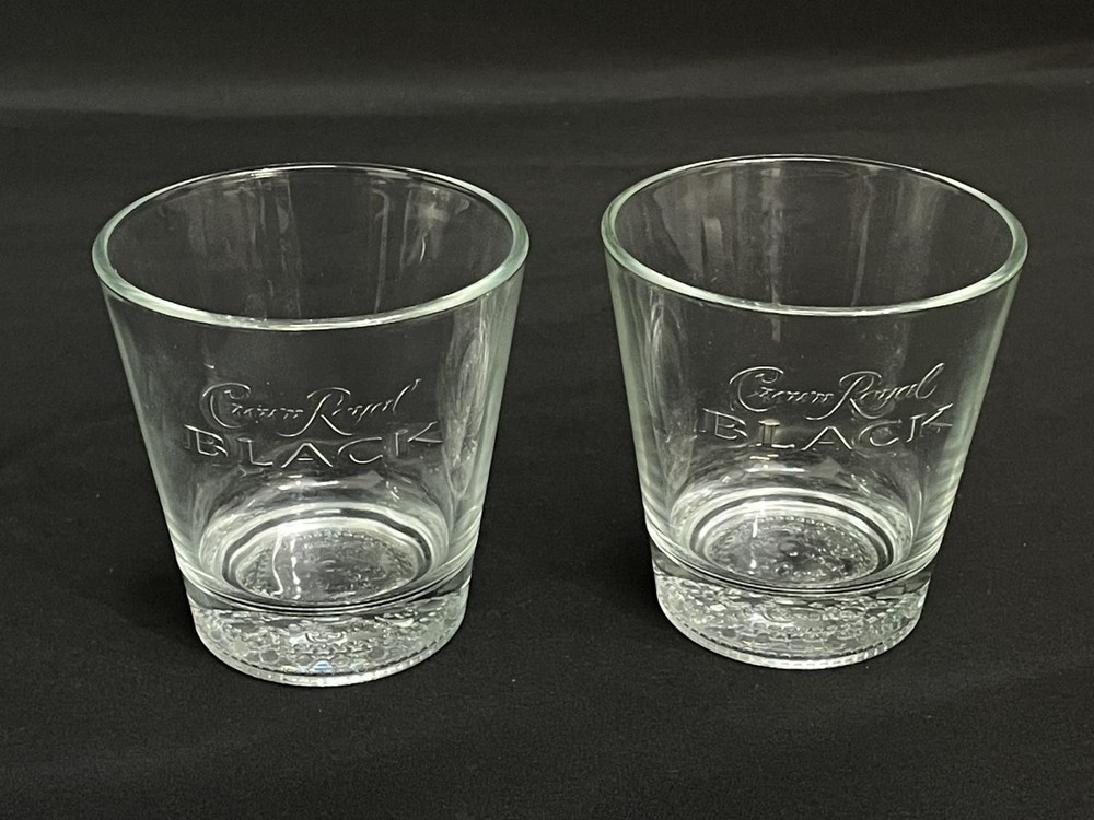 Lot of 2 Crown Royal Black Embossed Lowball Glasses Good Condition