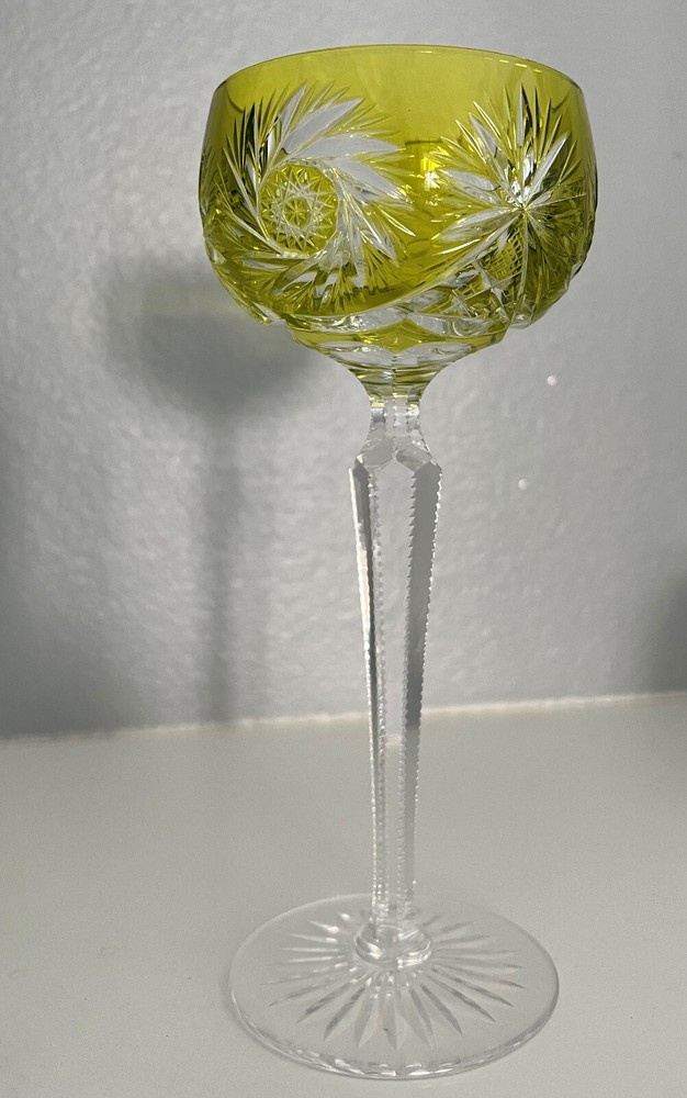 BOHEMIAN LIME PERIDOT CASED CUT CLEAR CRYSTAL 8″ WINE GOBLET STORE CLOSING