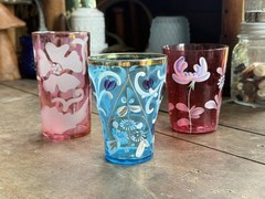 SET OF 3 VINTAGE & ANTIQUE HAND PAINTED & ETCHED FLORAL TUMBLERS VARIOUS COLORS
