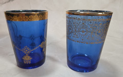 Vintage Cobalt Blue Gold Moroccan Tea Glasses Pair Hamsa Moon Design
