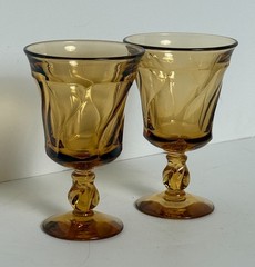 Set/2 Vintage Fostoria Jamestown Amber Swirl Water Goblets Glasses Twist Stem 6″