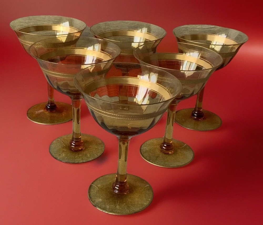 6 Champagne Coupe Cocktail Glasses Amber Optic Encrusted Gold Ornate Trim VTG