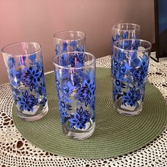 Five Royal Norfolk Blue/Black Floral Design 16 oz. Ice Tea, etc. Glasses